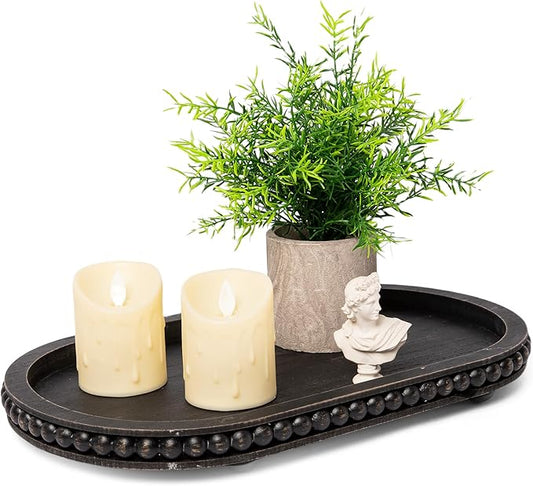 HPC Decor 15in Oval Tray for Home Decor - Black Wood Beaded Tray - Decorative Serving Tray,Rustic Farmhouse Wooden Trays for Vintage Centerpiece,Kitchen Counter,Living Room Decor,Coffee Table Decor.