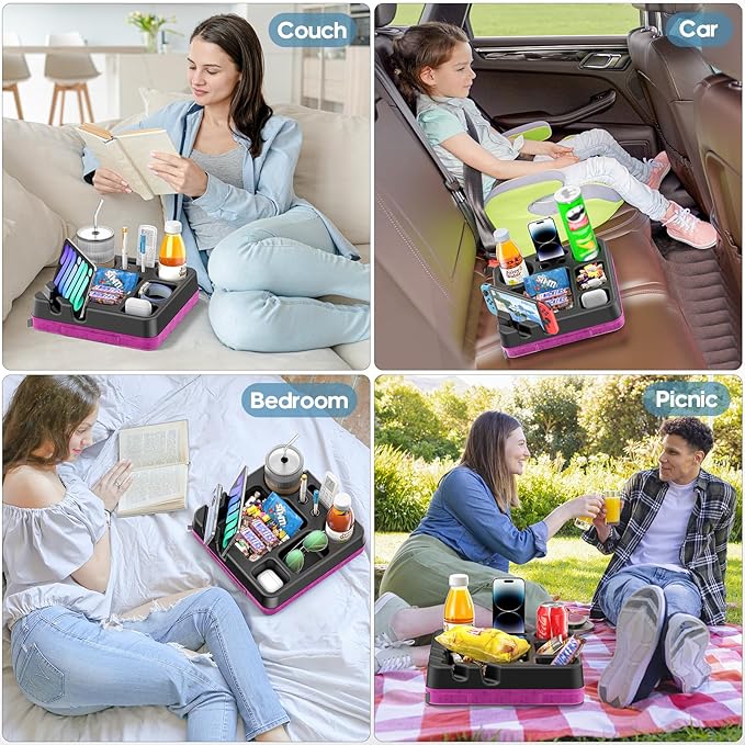 Couch Cup Holder Tray Couch Cup Holder Pillow Bed Tray Snack Sofa Bed Caddy Organizer Beach Sofa Drink Holder Anti-Spill Portable Snack Caddy Couch Remote Holder for Phone Pad Kindle Beverage Purple