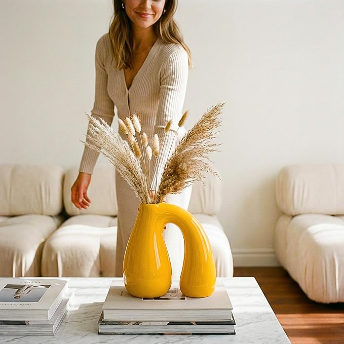 PROBENEX Yellow Ceramic Decorative Pitcher Vase, 7.5 in – Glossy Sculptural Arch-Handle, Modern Home Décor Accent for Fresh or Dried Floral Arrangements, Table/Shelf/Entryway, Giftable