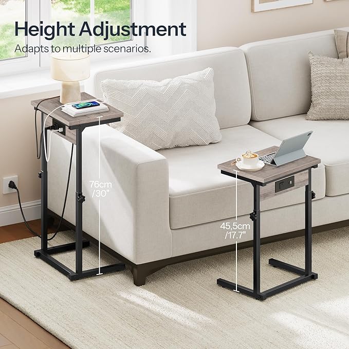 HOOBRO C-Shaped End Table with Charging Station, Adjustable Height Sofa Tray Side Table, Slide Under Couch Arm Table, Small C Side Table for Small Space in Living Room, Bedroom, Greige BG71USF01