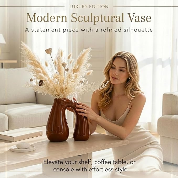 PROBENEX Brown Ceramic Decorative Pitcher Vase, 7.5 in – Glossy Sculptural Arch-Handle, Warm Earth-Tone Home Décor for Fresh or Dried Floral Arrangements, Table/Shelf/Entryway, Giftable