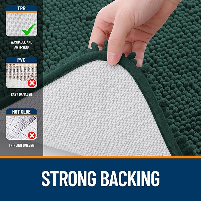 OLANLY Bathroom Runner Rugs 47x24, Soft Absorbent Chenille Bath Rugs, Rubber Backing Quick Dry, Machine Washable Long Bath Mats for Bathroom, Tub and Shower, Home Decor Accessories, Blackish Green
