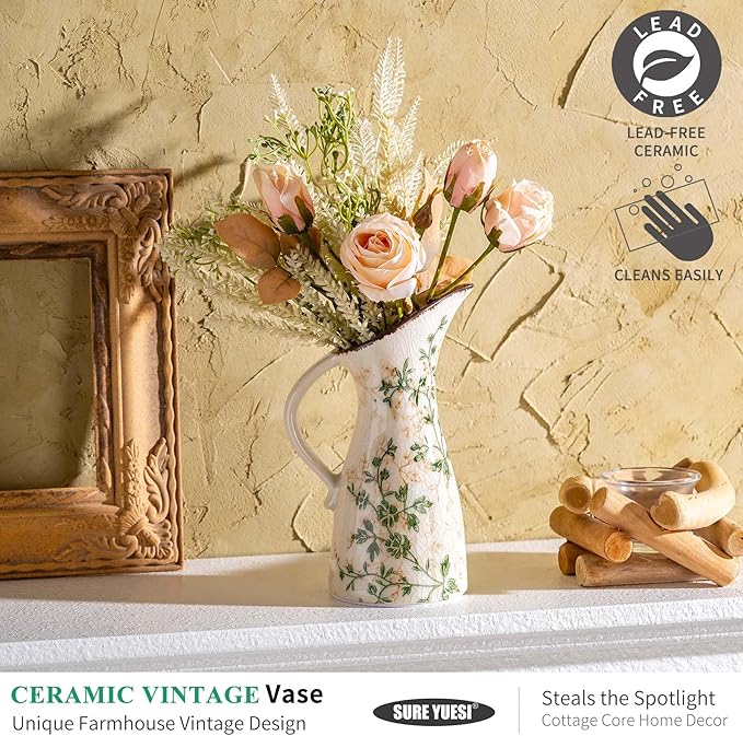 for Mom from Daughter or Son, SURE YUESI 7.3” Green Handcrafted Ceramic Pitcher Vase, Vintage Pastoral Floral Vase, Farmhouse Chinoiserie Tuscan Cottage Core Rustic Table Centerpiece