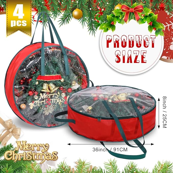 Shappy 4 Pcs Red Wreath Storage Bag Clear Wreath Box Storage Containers with Clear Window and Handle Garland Containers for Holiday Seasonal Bags (36 Inch)