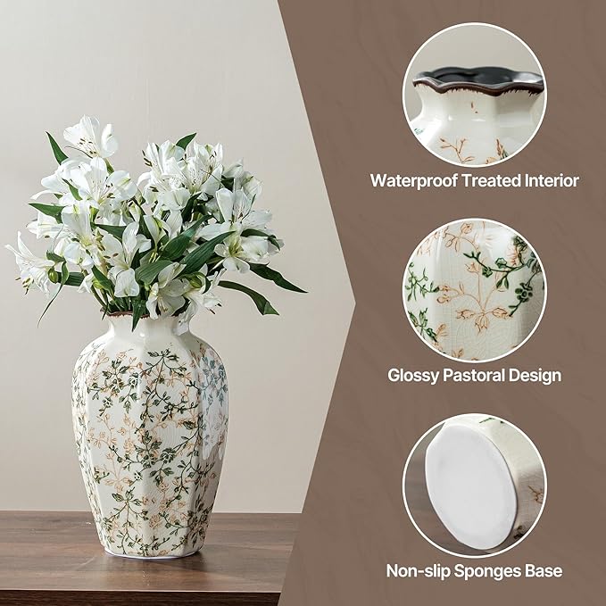 for Mom from Daughter or Son, Vintage Pastoral Octagonal Ceramic Vase 9.1”, Green & Beige Chinoiserie Floral Vase, Rustic Farmhouse Decor for Living Room, Kitchen, Bedroom, Shelf