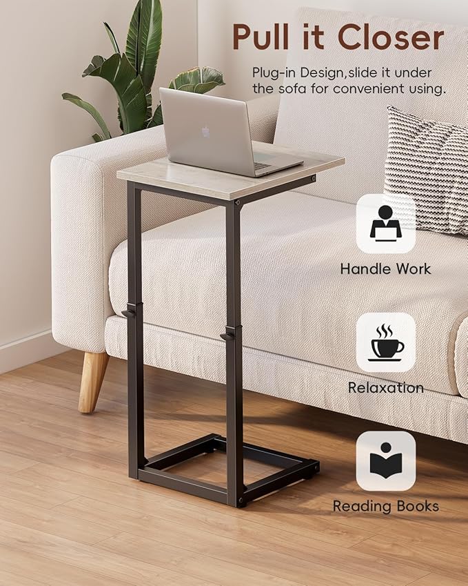 Vagusicc C Shaped End Table, Small Side Table for Couch, 33 "Tall C Table End Table Adjustable Height Couch Side Table, Tv Tray Table Sofa Table, Slide Under Couch Table for Living Room, Bedroom, Gray