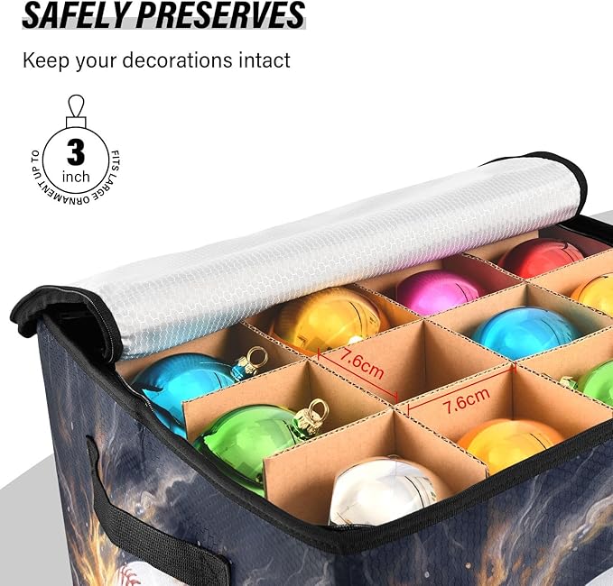 Kigai Fire Baseball Christmas Ornament Storage Box with Zipper & Adjustable Dividers Holiday Ornament Organizer Xmas Storage Container, 64 Balls
