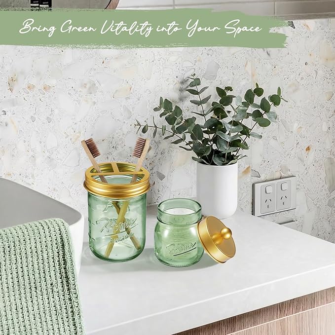 SheeChung Mason Jar Toothbrush Holder, Green Glass Toothbrush Holder for Bathroom Countertop Organizer, Stainless Steel Lid, Electric Toothbrush Toothpaste Holder Storage, Gold Bathroom Accessories