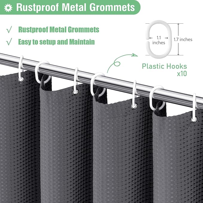 Dynamene 60 inch Stall Shower Curtain - Waffle Weave Heavy Duty Thick Fabric Shower Curtains for Bathroom,Weighted Hotel Spa Luxury Cloth Bath Curtain Set with 10 Plastic Hooks,60x72, Charcoal Grey