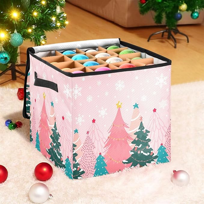 Pink Christmas Tree Ornament Storage Basket Box Winter Snowflake Xmas Holiday Storage Container Cube with Adjustable Dividers for 64 Holiday Ornaments or Decorations Keep Clean and Dry for Next Season