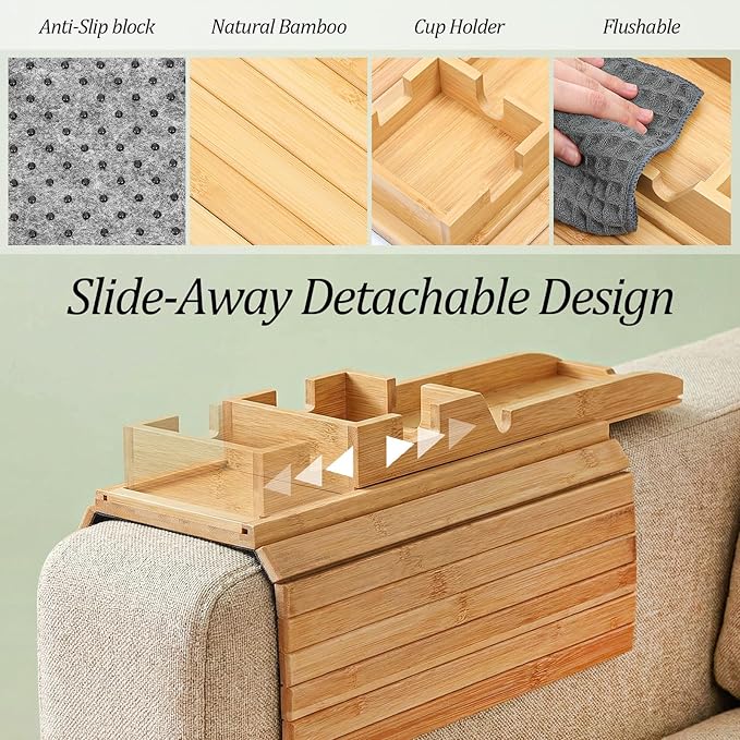 Couch Cup Holder Tray, Bamboo Couch Arm Cup Holder 2 in 1 Anti-Slip Sofa Armchair Caddy Table with Detachable Cups Holders Foldable Sofa Arm Organizer Tray for Drinks Cellphone Snacks Remote