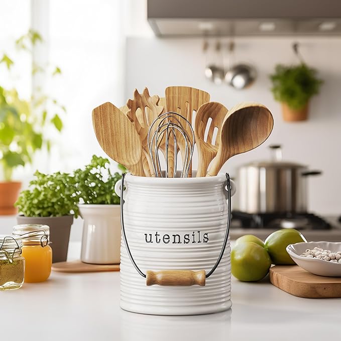 Barnyard Designs Ceramic Farmhouse Kitchen Utensil Holder for Countertop, Decorative Kitchen Utensil Crock for Counter, Spatula Holder, 6" White