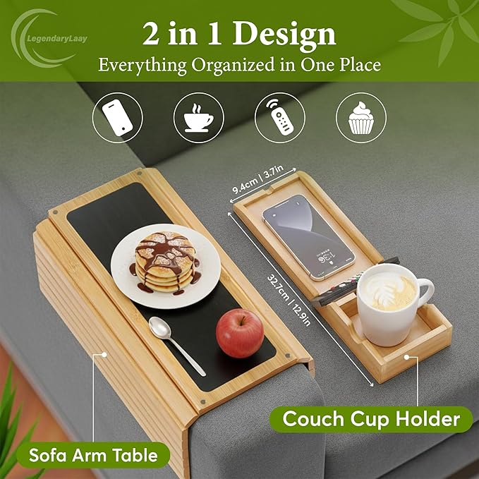 Couch Cup Holder & Bamboo Armrest Tray – Foldable Non-Slip Sofa Arm Table for Drinks, Snacks, Remote Control & Phone