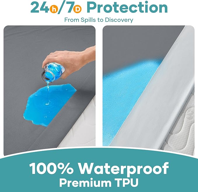 OhGeni 100% Waterproof Mattress Protector, Twin Grey Size, 6''-14'',Fitted Sheet with Deep Pockets, Premium Noiseless Breathable Soft Hypoallergenic Material, Mattresses Cover for Bed