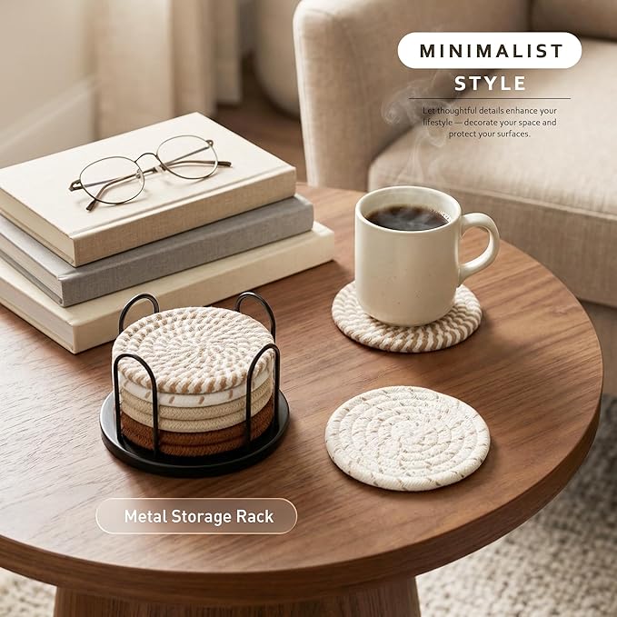 Lazebox Coasters Set of 8 for Drinks, Beer, Coffee, Cotton Woven 4 Colors Absorbent Coaster with Holder, Boho Coasters for Home Decor Tabletop Protection Suitable for Kinds of Cups, Coffee