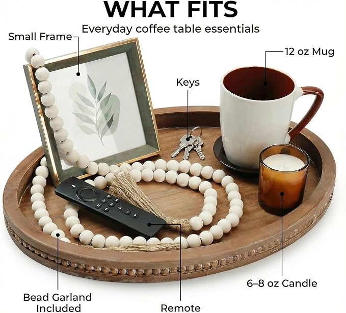 16" x 11.8" Oval Wood Decorative Tray with 58" Bead Garland, Farmhouse Coffee Table & Kitchen Island Décor, Rustic Brown Entryway Console Tray for Styling, Candles & Small Items