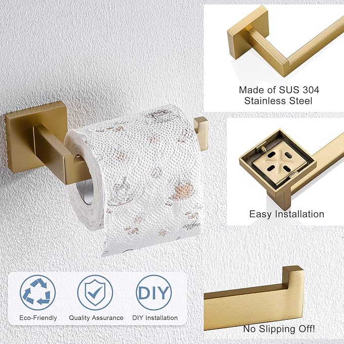 TQKAG Brushed Gold Toilet Paper Holder SUS304 Stainless Steel, Modern Square Tissue Roll Holders Wall Mount, Toilet Paper Roll Dispenser for Kitchen Washroom