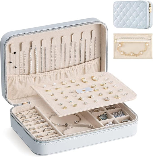 Lolalet Travel Jewelry Case for Women Girls, PU Leather Jewelry Organizer with Clear Storage Bag Small Portable Jewelry Box for Necklace Bracelet Earring Ring Mothers Day Birthday Gifts -Large/Blue