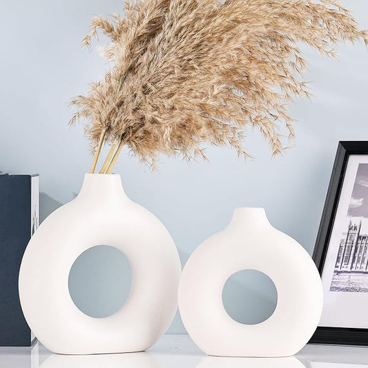 White Ceramics Vase for Home Decor,Minimalist Nordic Hollow Donut Vase Set of 2,Modern Boho Decor for Kitchen Table Centerpiece,Living Room,Fire Place,Bookshelf,Office,Entryway,Console