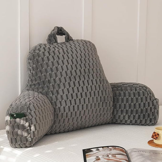 Yaoshuho Fluffy Reading Pillow for Sitting in Bed, Large Backrest Bed Pillow with Arms, Back Support Pillow for Lounging Bedrest, Dark Grey