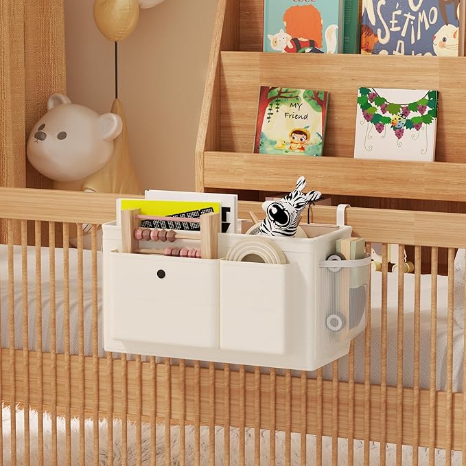 Edudif Bedside Caddy Bedside Organizer with Fixed Straps & Water Bottle Holder, Bunk Bed Caddy ideal for Home, Dorm, Hospital, Crib, Versatile Bedside Storage Solution (White)