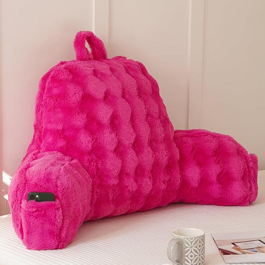Yaoshuho Faux Fur Reading Pillow for Sitting in Bed, Large Backrest Bed Pillow with Arms, Back Support Pillow for Lounging Bedrest, Hot Pink
