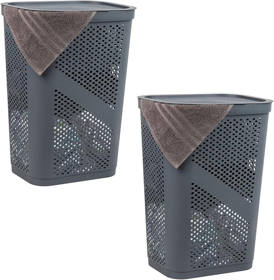 Mind Reader 60L Slim Laundry Hamper, Clothes Basket, Lid, Ventilated, Plastic, Set of 2, Gray