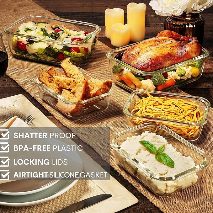 Razab 4 Pc (2700ML/ 91 Oz & 1520ML/ 51 Oz) Airtight Large Glass Food Storage Containers with Lids - BPA Free, Leak Proof Meal Prep Containers (2 Containers + 2 Lids) Microwave, Oven & Freezer Safe
