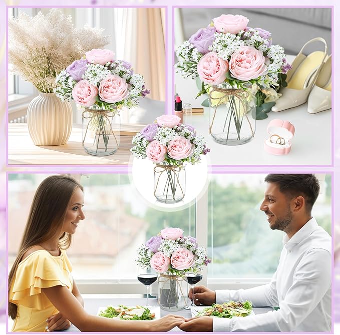 Zeyune Mason Jar Centerpiece Table Decorations, Artificial Peony Baby's Breath Flower Bouquets, Faux Flowers with Vase, Rustic Decor Gifts for Home, Wedding, Holiday (6 Sets,Purple,Pink)