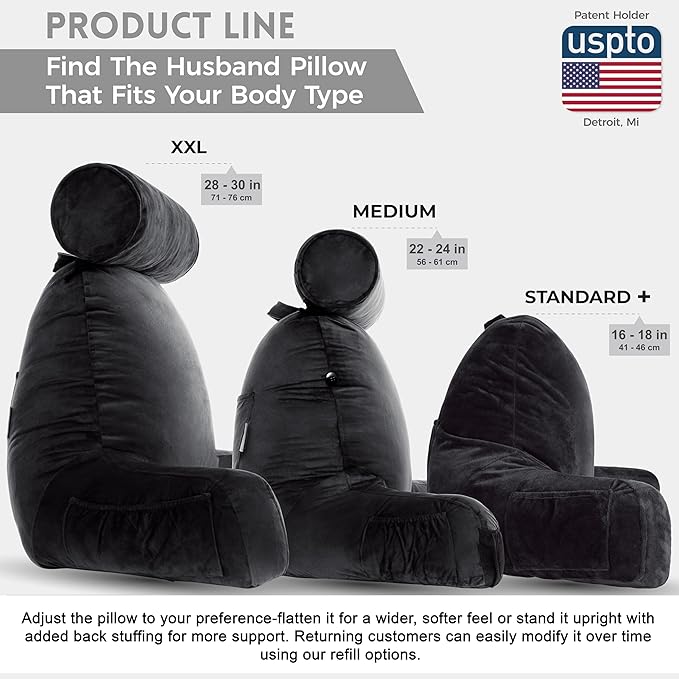 Husband Pillow XXL The Original for Adults - 30" Tall Backrest for Sitting Up in Bed - Firm Support Reading & Bed Rest Pillows for Adults, Neck Roll, Removable Cover - TV - Black