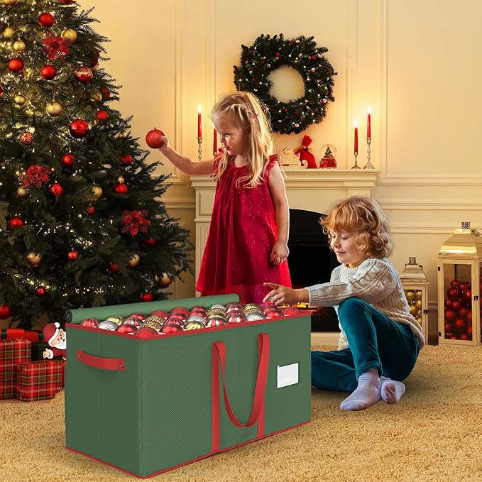 Winpull Christmas Ornament Storage Box with 8 Trays, Christmas Storage Container for 128-3'' Holiday Ornament Decorations, Large Xmas Organizer with Adjustable Dividers, Dual Zipper and Pocket (Green)