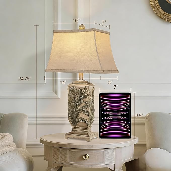 WIHTU 25" Vintage Table Lamps, 3 Color Temperature Rustic Retro Beside Lamp Set of 2, Farmhouse Resin Table Lamp for Living Room Bedroom Nightstands, Rotary Switch, Carved Leaf(2 Bulbs Included)