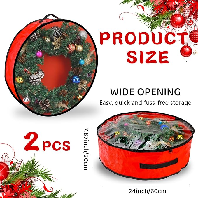 Pwsap 2 Pack Christmas Wreath Storage Container - 24 Inch, Garland Storage, Christmas Large Wreath Storage Container Cover, Durable Tarp Material, Dual Zipper Storage Bag for Xmas Holiday, Red