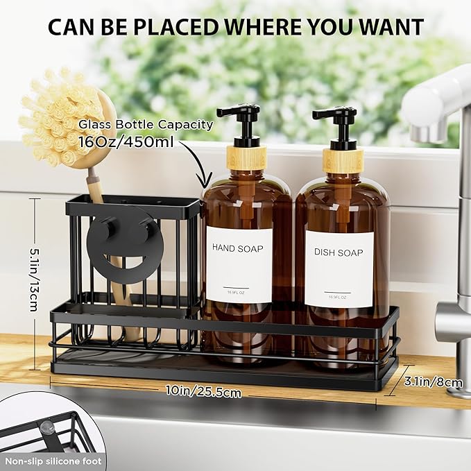 Moforoco Kitchen Dish Soap Dispenser Set, 16OZ Glass Bottle, Hand and Dish Soap Dispenser Set, Instant Dry Tray, Brush Holder with Smiley Face Sponge Holder (Black Tray &Amber Bottle&Labels)