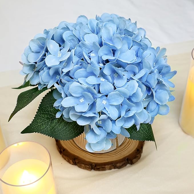 Flower Table Centerpieces - Set of 6 Floral Arrangement Artificial Wedding Hydrangeas Floral Arrangement with Rustic Metal Vase for Bridal Tea Party Event Decorations - Pastel Blue