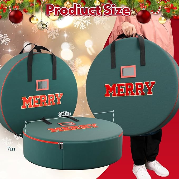 Christmas Wreath Storage Container 30 Inch With MERRY Chenille Letters, Wreath Bag Box Garland Ornament Storage With Waterproof Fabric Dual Zippered And Handles