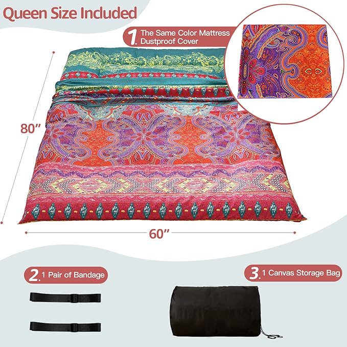 MAXYOYO Bohemian Futon Floor Mattress Boho Floral Style Japanese Tatami Mat Foldable Mattress Portable Camping Sleeping Pad Lounger Couch, Queen