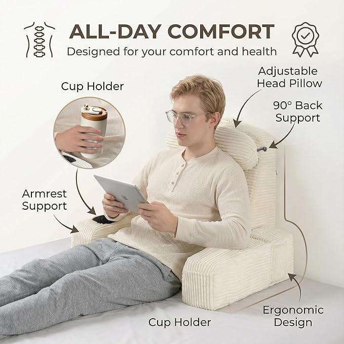 AS AWESLING Reading Pillow for Adults, Back Pillow for Bed Sitting Up, Backrest Pillow for Sitting in Bed, Detachable Arms with Built-in Cup & Phone Caddy (Dark Gray-Corduroy, 19 INCH)