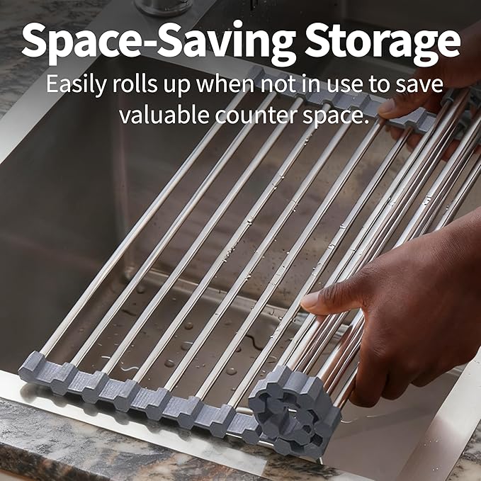 Roll Up Dish Drying Rack for Over Sink - 17.5"x15.7" Foldable Stainless Steel Kitchen Drainer,Gray