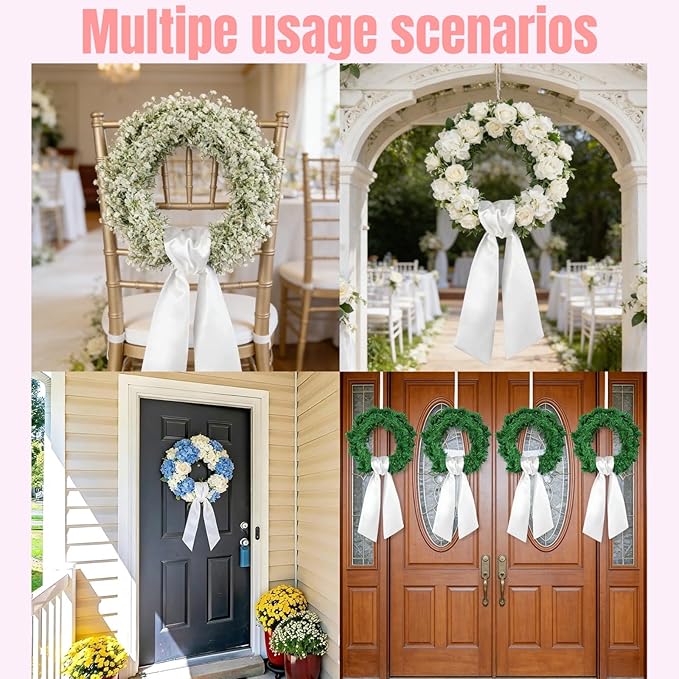Dream Loom Wreath Sash for Front Door, 4pcs White Wreath Sash Holiday Baby Shower Wreath Accessories for Home Birthday Wedding Christmas Decorations