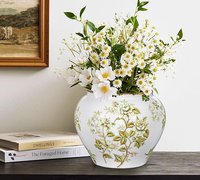 Hollyone White Vase Ceramic Chinoiserie Porcelain Vase 7inch Flower Vases Classic Decorative Floral Vases for Bedroom Living Room Console Table Accent Shelf Tabletop Home Decor