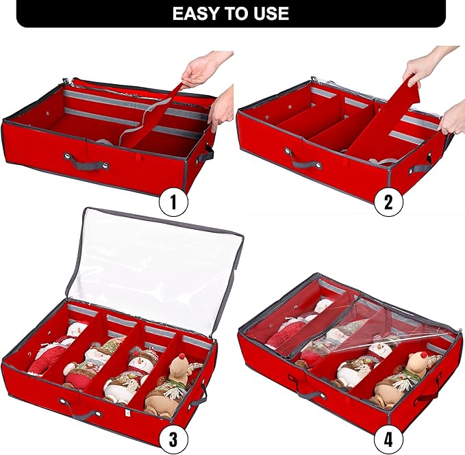 ProPik 2 Pack Christmas Figures Storage Box | Each Holds 4 Holiday Figurines up to 16” | Adjustable Nutcracker Decor Ornament Storage Container | Xmas Decorations Accessories Boxes (Red)