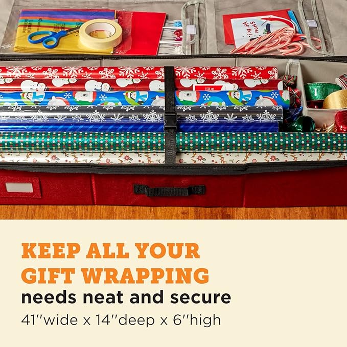 storageLAB Wrapping Paper Storage Container with Standalone Ribbon & Accessories Storage Box, Under Bed Gift Wrap and Bag Organizer, Fits 40-Inch Long Rolls (Red)