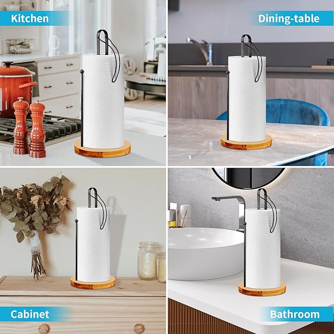 Wood Paper Towel Holder Countertop, TONLEA Kitchen Paper Towel Holder FreeStanding with Fixer for Kitchen and Bathroom Organization, Kitchen Roll Holder for Standard and Large Rolls