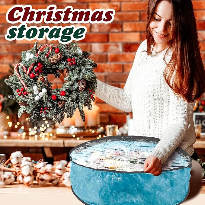Dunzy 8 Pieces Wreath Container Christmas Wreath Storage Bag Garland Tear Resistant Fabric Round Boxes with Clear Window for Storage for Xmas Holiday Ornament(24×24×7.8 Inch,Blue)