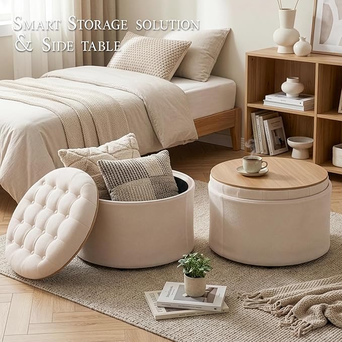 ONBRILL 25" Round Ottoman Coffee Table, Storage Ottoman with Lift-Off Lid, Multifunctional Foot Rest & Hidden Storage, Sturdy Steel Frame for Bedroom, Living Room, Corners, Apartment”