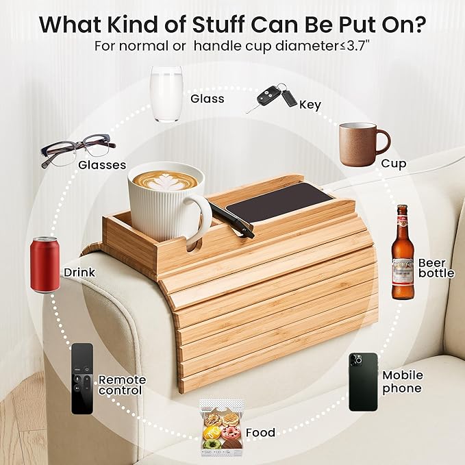 GEHE Couch Cup Holder, Anti Falling Sofa Arm Tray, Natural Bamboo Sofa Cup Holder More Safe for You Family, Portable Couch Arm Tray Armrest Table for Remote, Snacks, Phone, Drinks