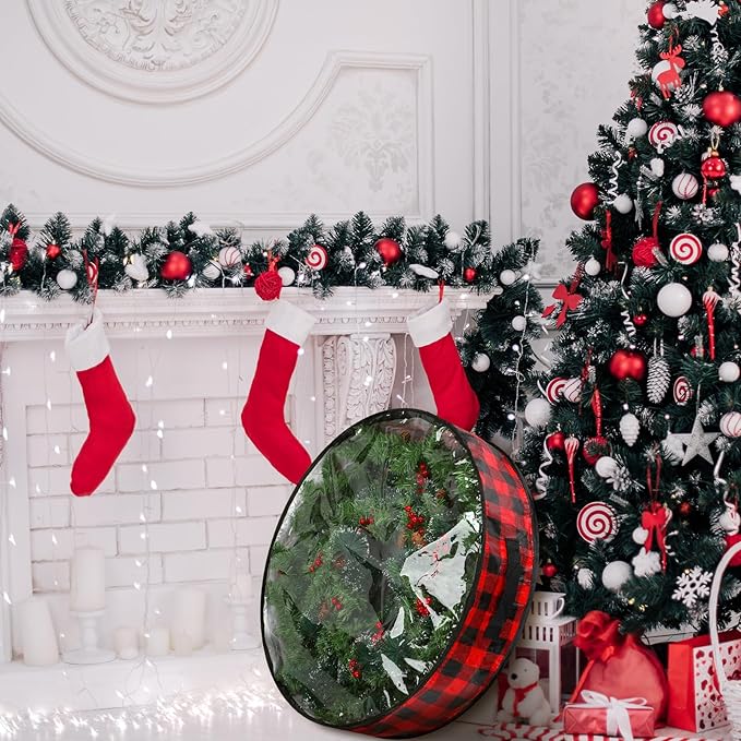 Kingdder 4 Pcs Christmas Wreath Storage Bags 30 Inch Xmas Garland Container Case with Clear Window Handles Zipper Black and Red Buffalo Plaid Wreath Box for Holiday Seasonal Storage