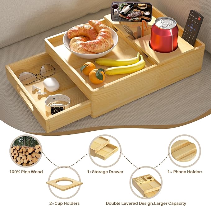 Couch Cup Holder, 7-in-1 Couch Caddy Tray, Sofa Side Table with Push-Pull Drawer to Organize and Store Small Objects, 360°Swivel Phone Holder, for Drinks, Cups, Snacks, Remote