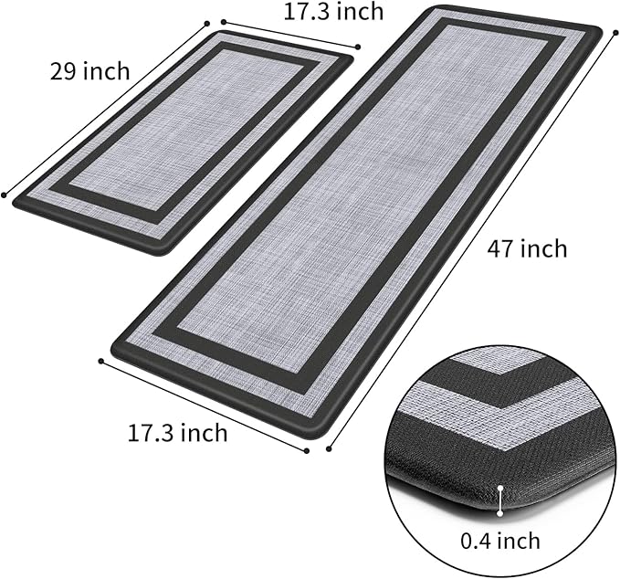 Mattitude Kitchen Mats Set of 2,Cushioned Anti-Fatigue Non-Skid Rug Sets Ergonomic Comfort Standing Mat for Kitchen, Floor, Office, Sink, Laundry, Black and Gray